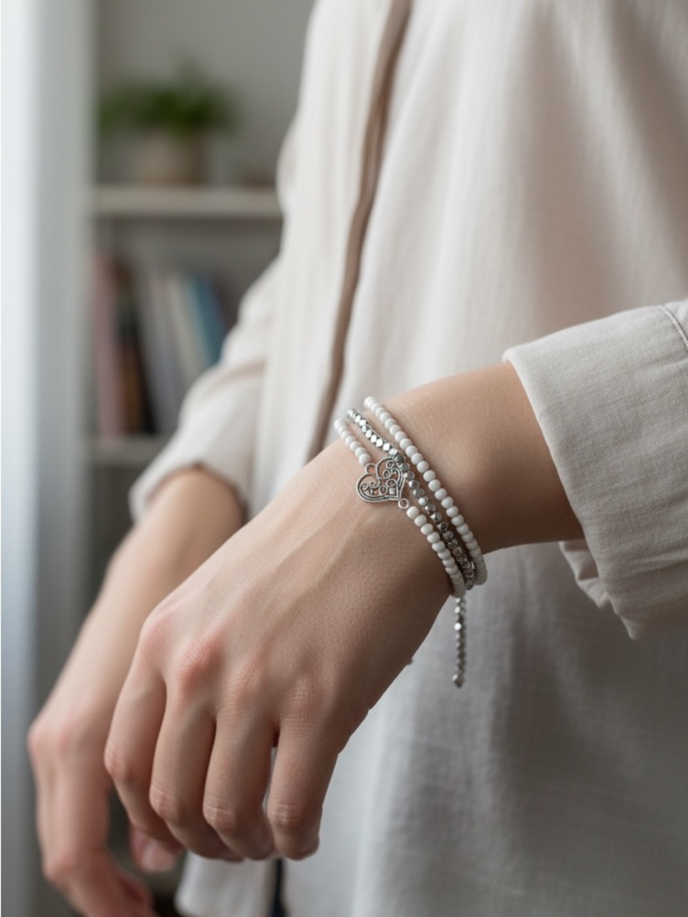 Elegant White Beaded Heart Charm Bracelet - Women Jewelry